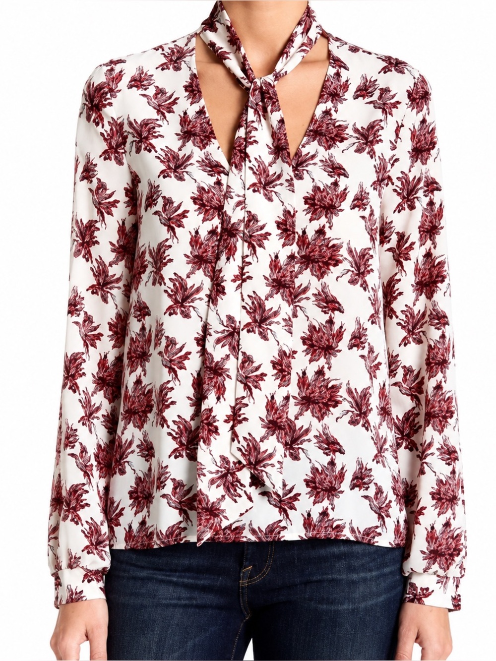 ASTR The Label Floral Tie Neck Blouse Medium Ivory Burgundy Long Sleeve